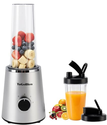 TuGoBlen Mini Blender with 2 Portable Cups (600ml + 400ml), 4-Blade Stainless Steel Blade Base, Personal Blender for Smoothies, Shakes, Juices, BPA-Free for Home, Office, Gym & Travel