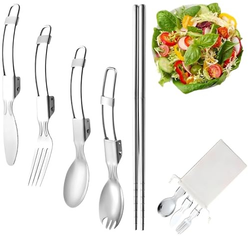 COYUN 5pcs Posate da campeggio, outdoor, pieghevoli, in acciaio inossidabile, con sacchetto, forchetta, cucchiaio, coltello,Bacchette, Posate da Viaggio Ultraleggere e Portatili