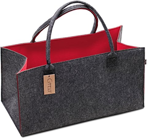 G'FELT Filztasche Premium - als hochwertige Einkaufstasche, schicke Freizeit-Tasche oder Badetasche, Zeitungskorb, Filzkorb, Einkaufskorb, stabile Kaminholztasche - zweifarbig grau und rot