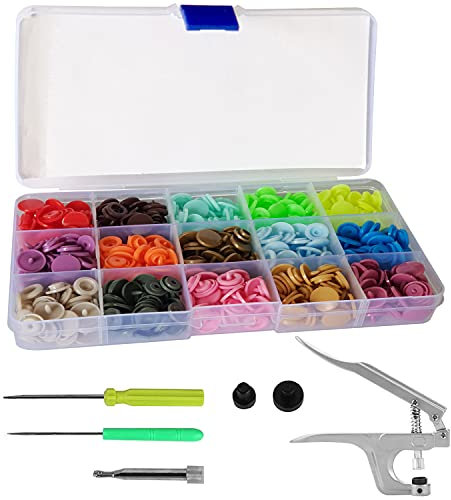 Trimming Shop KAM Druckknopf-Zange T3 Kunststoff Druckknöpfe Starterset ohne Nähen Werkzeug Knöpfe für Kinder Kleidung Stoff Windeln Lätzchen 150 Stück (15, Multi, T5 (Size 20)…