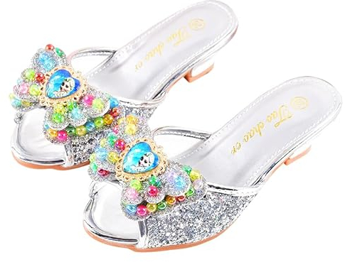 Monissy Frozen Principessa Elsa Mules Tacco Alto Pantofola Bocca di Pesce Paillettes Due Fiocchi di Pelle Elsa Distintivo Distintivo Perline Colorate con Intarsio di Cristallo Scarpe，Argento,27