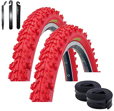 2 x Kenda MTB K-829 Fahrradreifen in Rot 50-559 (26 x 1.95) + 2 passende Schläuche AV inkl. maxxi4you Reifenheber