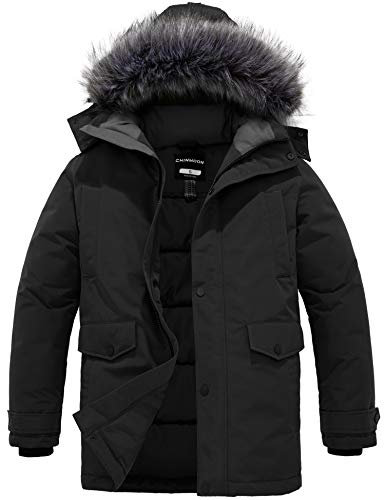 CHIN·MOON Men's Winter Hooded Warm Jacket Cotton Padded Parka Coat Outdoor Windproof Jackets Mid Length Casual Coats Black M