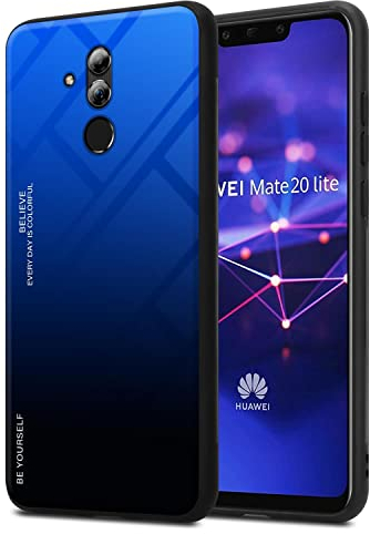 Cadorabo Estuche Compatible con Huawei Mate 20 Lite en Azul - Nero - Funda Protectora Bicolor Fabricada en Silicona TPU y Parte Trasera de Cristal Templado