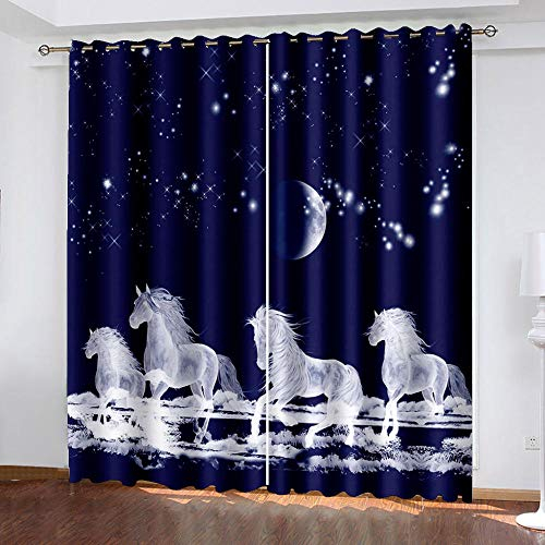 XDJQZX Vorhänge Blickdicht 3D Die Kunst Der Blauen Und Weißen Pferde Druck Muster Ösenvorhang Für Schlafzimmer Wohnzimmer Kinderzimmer Fensterdekoration 140X160 cm 2Er Set Thermo Verdunklungsvorhänge