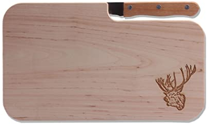 Schneidbrett mit Jagdmotiv Hirsch mit Messer I Erle Brotzeitbrett mit Motiv I Geschenk für Jäger Förster Jägerin I 26,3 x 15,5 x 1,2 cm