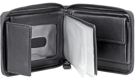J.Buxton Emblem Full Zip Around Billfold RFID Blocking Small Leather Card Case with Gusseted Snap Coin Purse Small Wallet for Men Black