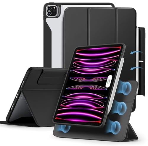 ESR Hybrid Hülle Kompatibel mit iPad Pro 12.9 Zoll (2022/2021), iPad Pro 12.9 Hülle mit Pencil Halter, Abnehmbare Magnetische Abdeckung, Vertikaler Ständer, Rebound 360 Serie, Schwarz