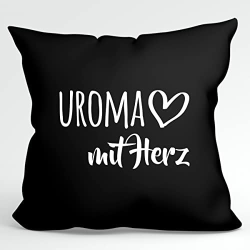 huuraa Kissen Uroma mit Herz Geschenk Kopfkissen Black 40x40cm mit Füllung Baumwolle Uroma Deko
