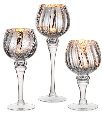 Nuptio Teelichthalter Glas 3 Stück Große Quecksilber Teelichter Kerzenständer Große Silberne Kerze Halter Glas Langen Stamm Säule Tisch Tafelaufsatz für Hochzeit Partei Weihnachten Mantel