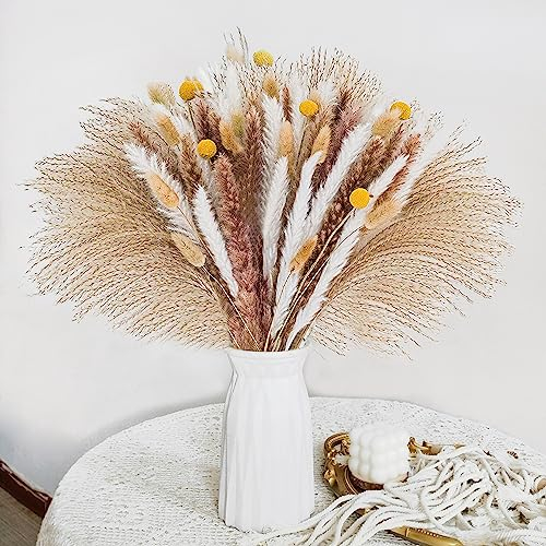 Pampasgras Trockenblumen Deko,75 Stück Natürliche Flauschige Pampasgras Getrocknete Set,Getrocknete Blumen für Boho Deko Wohnzimmer Tischdeko Flur Schlafzimmer Hochzeit Trockenblumenstrauß (Style 6)
