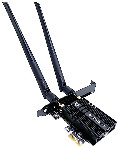 SYONCON WiFi 6E AXE5400 PCIe WLAN Karte für PC Intel AX210 Chipsatz mit Bluetooth 5.3 PCI Express Netzwerkkart Tri-Bands (6GHz/5GHz/2,4GHz) Bis zu 5374Mbit/s Geeignet für Windows 10/11 (Schwarz)