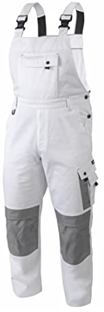 HÖGERT TECHNIK SALM XL Herren Arbeitshose Latzhose Weiß – robuste Malerhose mit Trägern, 250g/m², 60% Baumwolle, 8 Taschen, Kniepolstertaschen