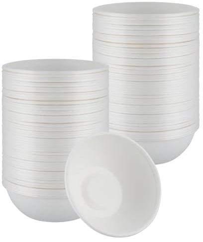 Opopark 100Pcs Disposable Paper Bowls, 9oz White Rigid Bagasse Compostable Sugarcane Bowls for Salad, Dessert, Milk, Cereals, Restaurants, BBQ Party