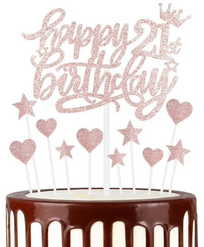 Happy 21st Birthday Cake Toppers, Rose Gold Cake Cupcake Toppers for Cake, Glitter Heart Stars Cake Toppers, Birthday Gift, Personalised Cake Toppers for Women Girls 21st Birthday Cake Decorations