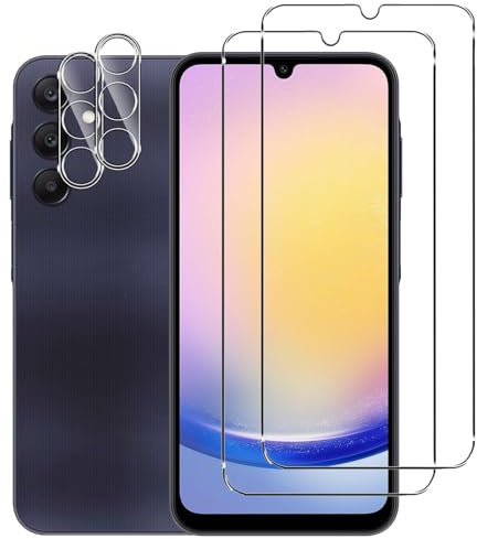 NOVAGO compatible avec Samsung Galaxy A25 5G - Pack de 4 films en verre trempé résistant anti choc et anti explosion, deux verres pour écran et deux verres pour objectif