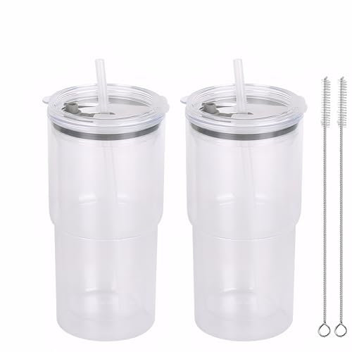 Yisituo Coffee Travel Mug, 2 Pack 480ml Reusable Plastic Cups, Drink Cups with Lids and Straws, Insulated for Hot & Cold Drinks, Car Cup Holder Compatible (2, Clear)