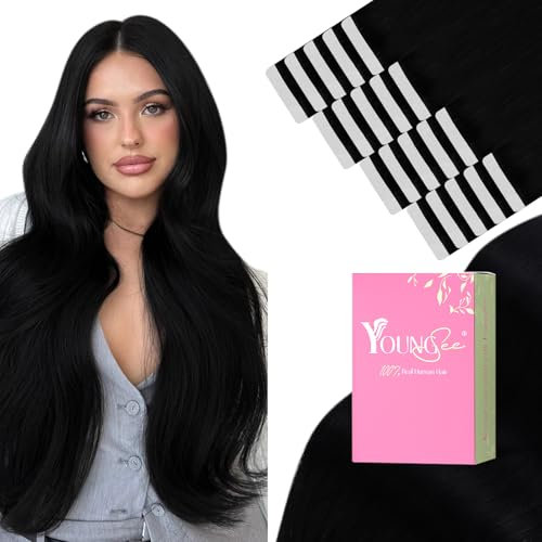 YoungSee 70 cm Tape Extensions Echthaar Schwarz Invisible Tape in Extensions Schwarz Remy Echthaar Extensions Tape Seamless Tape in Hair Extensions Echthaar Remy Haare fur Damen 50g #1