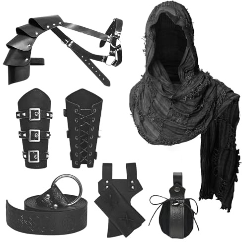 JDFAIJEAL 6PCS Mittelalter Ritter Zubehör. Männer Renaissance Umhang | Umfasst Gürtel,Schal,Armbandage,Schulterpanzer,Tasche,Schwertfutteral;Retro Zubehör Set für Cosplay, Vintage Ritter Stil