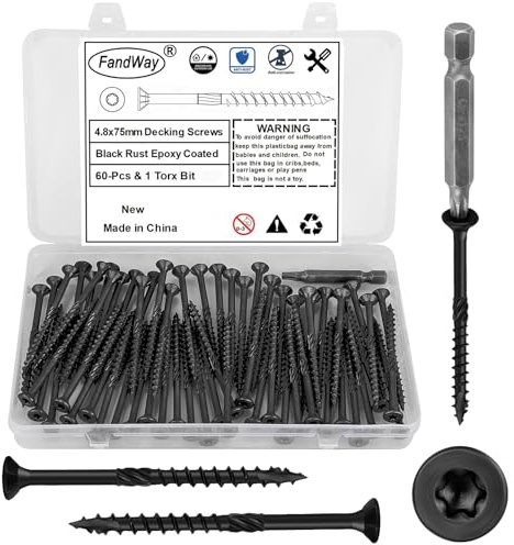 60 Piezas Tornillos para Madera Torx M4,8x75mm Tornillos Autorroscantes de Cabeza Avellanada,Tornillos para Construcción de Negro Epoxi,Tornillos Universales con Accionamiento Torx T25.