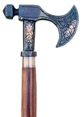 Handmade Axe-Head Victorian Wooden Walking Stick Cane – Handcrafted Vintage Brass Viking Axe Handle | Lightweight Durable Wooden Mobility Aid for Men, Women & Seniors – Unique Gift