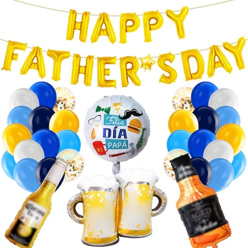 Happy Father's Day Decorations Set, Gold Foil Balloons Banner, Blue Gold Confetti Latex Balloon, Whiskey Beer Bottle Glass and Round Shape Foil Balloons for Dad's Celebration Birthday Party Supplies