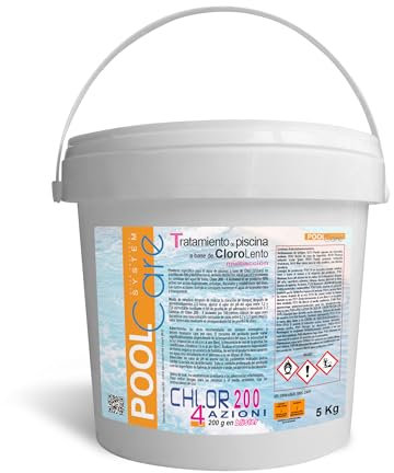 POOL CARE Chlor 200 4 Azioni, Cloro Multiazione, in Pastiglie da 200 gr, Attivo al 90%, a Lenta Dissoluzione, per Piscina - 5 KG
