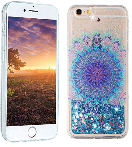 HopMore Silikon Glitzer Hülle für iPhone 6S / 6 (4.7 inch) Flüssig Transparent 3D Muster Schutzhülle Durchsichtig Handyhülle Silikonhülle Stoßfest Gummi Glitter Cover - Blaue Blume