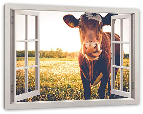 Pixxprint Kuh auf Butterblumenwiese, Fenster, Größe: 100x70cm, Leinwandbild, fertig gespannt, Wandbild, Dekoration, Kunstdruck, kein Poster