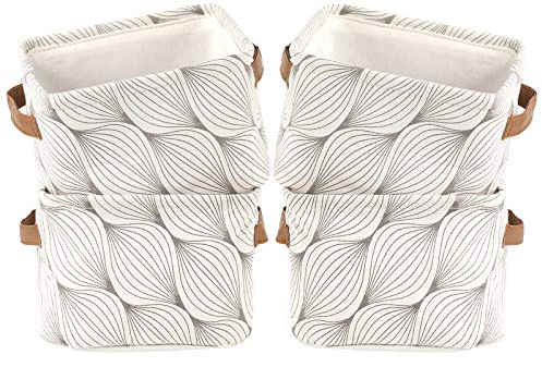 LessMo 4 Pack Storage Baskets, Collapsible Mini Storage Boxes, Canvas Fabric Waterproof Storage Bins made from Cotton and Linen, for Toys, Bathroom, Closets, Playroom (TREE-LEAF, Thick fabric)