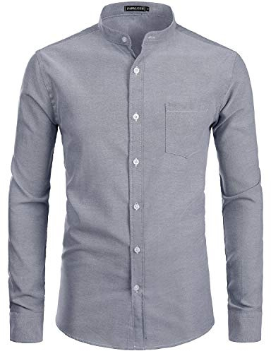 PARKLEES Mens Hipster Design Grandad Collar Oxford Shirt Slim Fit Long Sleeve Casual Button Down Dress Shirts with Pocket Grey XL