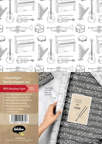 Geschenkpapier-Set: Musik, Instrumente, Noten - 4x Einzelbögen + 1x Postkarte