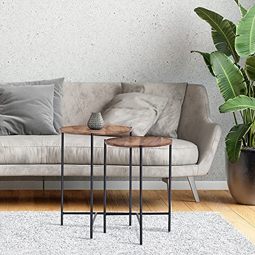 WOMO-DESIGN Beistelltisch 2er Set Ø 40x55cm/Ø 35x50cm, Natur-Schwarz, Unikat, handgefertigt, Massivholz/Metallgestell, Industrie Design, Satztische Couchtisch Wohnzimmertisch Sofatisch Kaffeetisch Set