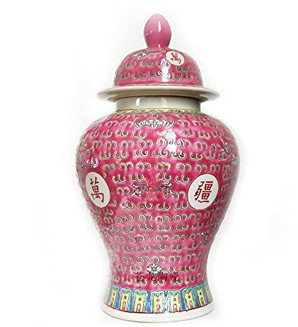 Fine Asianliving Pot à Gingembre Chinois Porcelaine Rose Wan Shou WU Jiang Longévité D20xH35cm Chinois Vase avec Couvercle Asiatique Jingdezhen Mandarin Décorative