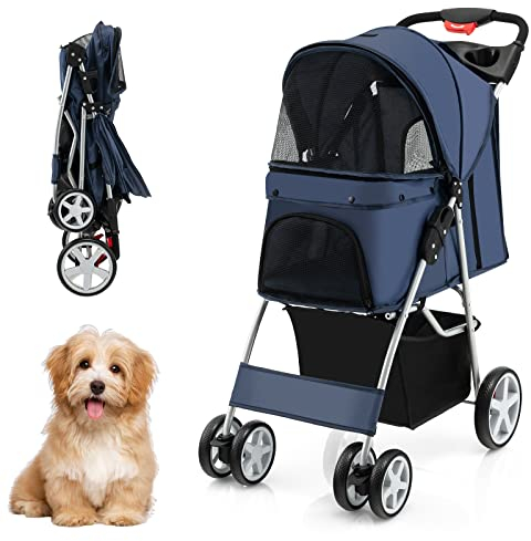 COSTWAY Hundewagen Haustiere Buggy bis 15kg, Hundebuggy mit Netzfenstern & Getränkehalter & Anhänger, Katzenbuggy für kleine Hunde Katzen (Dunkelblau)