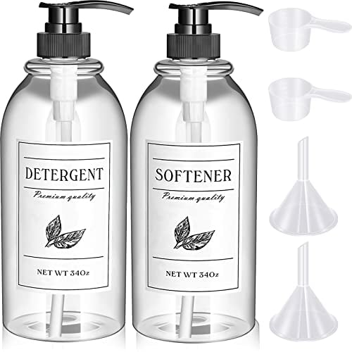 Wäscheseifenspender aus Kunststoff, 2 Stück, Wäscheflaschen für Flüssigwaschmittel und Weichspüler Behälter mit Pumpen, wasserdichte Etiketten, 50 ml langer Griff, Schaufel zum Messen, Mini-Trichter