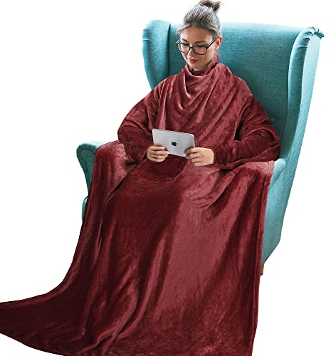 Catalonia Classy Tragbare Decke mit Ärmeln Geschenk für Erwachsene Frauen Männer, Extra Weiche Warme Kuschelige Mikroplüsch Leichte Fleece Kuschelige Körperdecke, TV Wrap Überwurf Decke mit Tasche