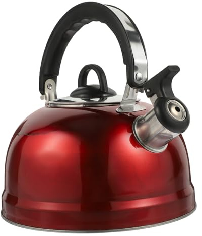 Pfeifkessel aus Edelstahl 3l für Induktion und Herd in Rot | Breite Öffnung, Ergonomischer Griff, Leicht zu Reinigen, Haushaltsgröße, Kunststoffdetail Zufälliger Stil