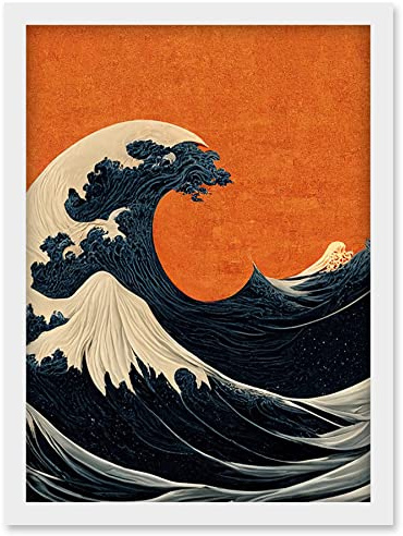 Doppelganger33 LTD Minimalist Orange Sunset Sky Modern Style Of Great Wave Off Kanagawa Artwork Framed Wall Art Print A4