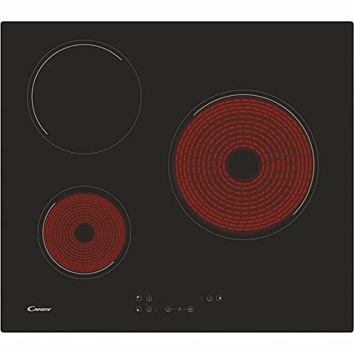 Candy Timeless CH63CC/4U2, Placa Vitrocerámica, 3 Zonas, 60CM, 10 Niveles de Potencia, 5,5KWMandos Centrales, Bloqueo de Seguridad, Indicador de Calor, Alerta Sobrecalentamiento y Derrames, Negro