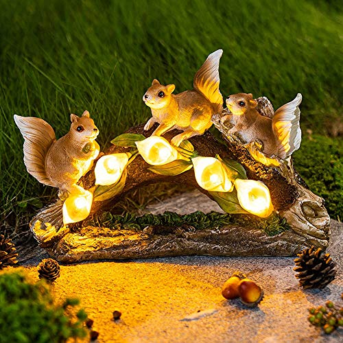 OKESYO Solar Gartenfiguren Eichhörnchen Gartendeko für Draußen mit Wetterfest Solar Leuchten, Solar Garten Statue Home Balkon Dekoration, Geschenke für Frauen Männer Mama