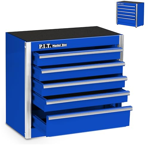 P.I.T. Mini Blue Tool Box, Portable 5-Drawer Micro Roll Cab Steel Tool Box with Liner, Blue Small Tool Case for Tools Storage, Home DIY