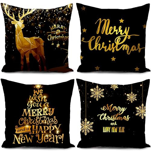 Weihnachtskissen Kissenbezug 40 x 40 cm Schwarz Weihnachten Weihnachtsdeko Weihnachtskissenbezug Christmas Decorations Weihnachtsfeier 4er Set