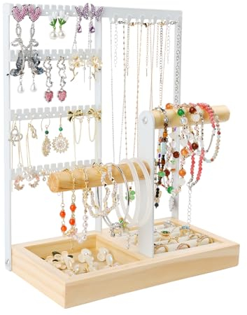 NVIYAM Présentoir à Bijoux, Présentoir à bijoux porte-chaîne avec Base en Bois, Porte Collier Boucles d’Oreille, Organisateur de Bijoux pour bagues, bracelets et accessoires