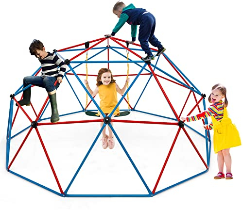GOPLUS Ø 305cm Kletterkuppel mit Schaukel, Indoor & Outdoor geometrischer Kletterturm, Gewichtskapazität von 360kg, Klettergerüst Kuppel für Kinder im Alter von 3-10 Jahren (Rot)