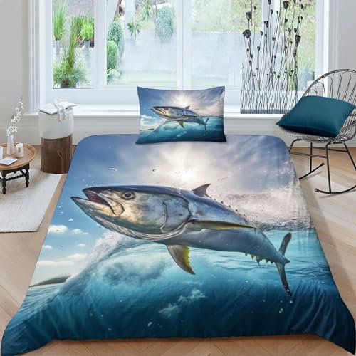 VesFy 3D Thunfisch Bettwäsche Bettbezug Set Kissenbezug Meeres-Tiere 2 Teilig Weiche Mikrofaser Für Jugendliche Kinder Schlafzimmer Für Jugendliche Kinder Schlafzimmer Single(135x200cm)