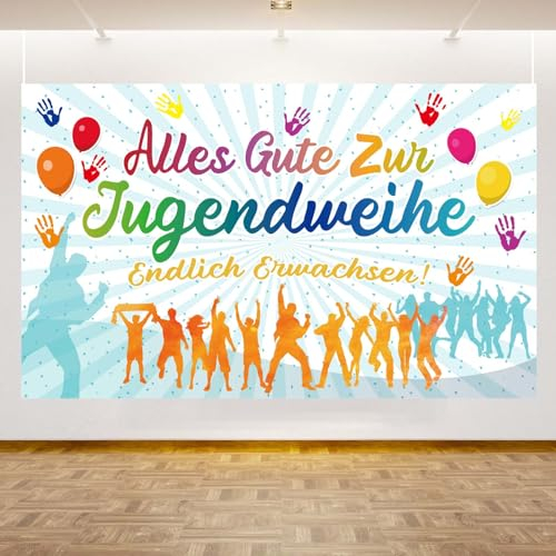 HAKOTOM Alles Gute zur Jugendweihe Banner Weiß - Youth Dedication Hintergrund, Endlich Erwachsen, Erwachsenwerden Hängende Dekoration für Junge Mädchen Erwachsene Party 180x90cm