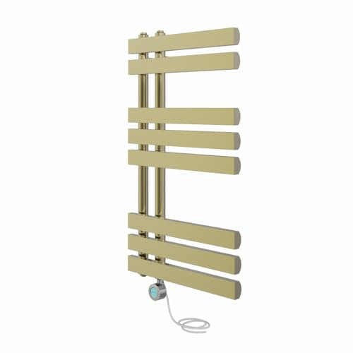 NRG Prefilled Designer Electric Heated Towel Rail Radiator Brushed Brass Thermostatic Bathroom Warmer with LCD Display 800x450mm - 400 Watt