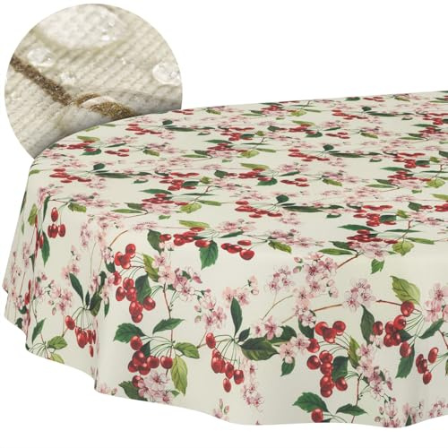 Tischdecke Stoff abwaschbar Tischtuch Tafeldecke pflegeleicht Lotuseffekt schmutz- & wasserabweisend für Indoor Outdoor Tischdecke Oval 160x140cm Schnittkante Kirsche