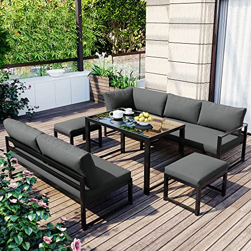 Merax Gartenlounge-Set 7 Sitzplätze, Garten-Freizeittisch- und Stuhlset,Aluminium Sitzgruppe für Garten Balkon, mit Vierter Gang verstellbare Rückenlehne, Tisch mit Sicherheitsglasplatte,Grau